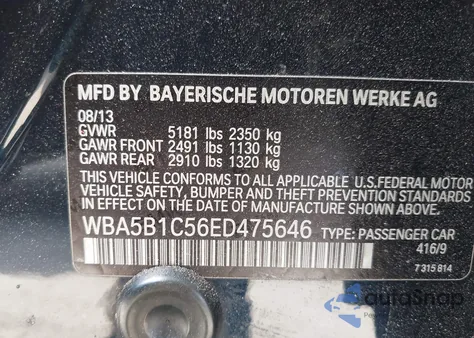 2014 BMW 535I из США, поврежденный, VIN WBA5B1C56ED475646